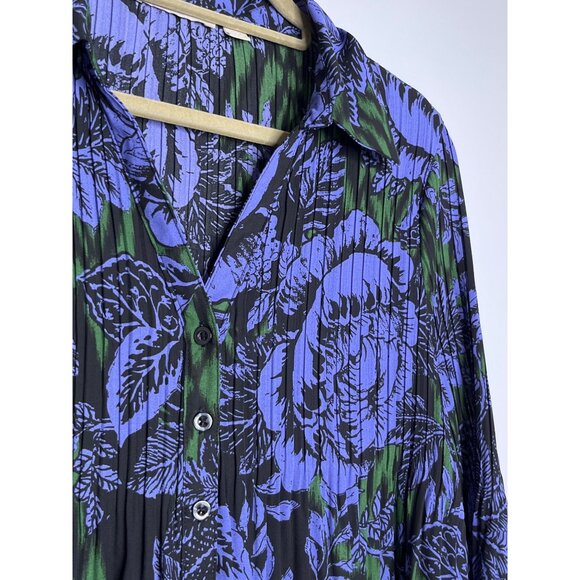 Sunny Leigh Purple Green Black Button Front Collared Floral Tunic Blouse Large - Picture 3 of 10